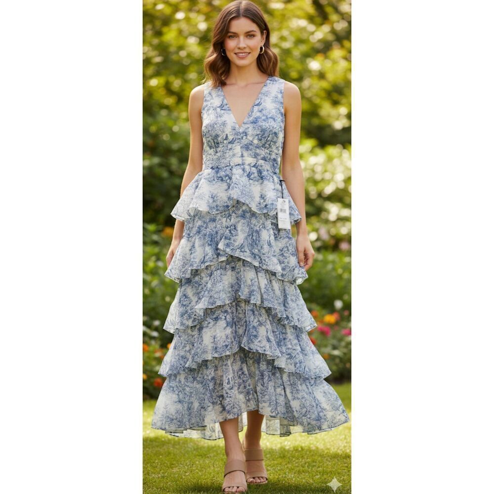 1.state womens size 4 small maxi long tiered dress blue white fairy boho